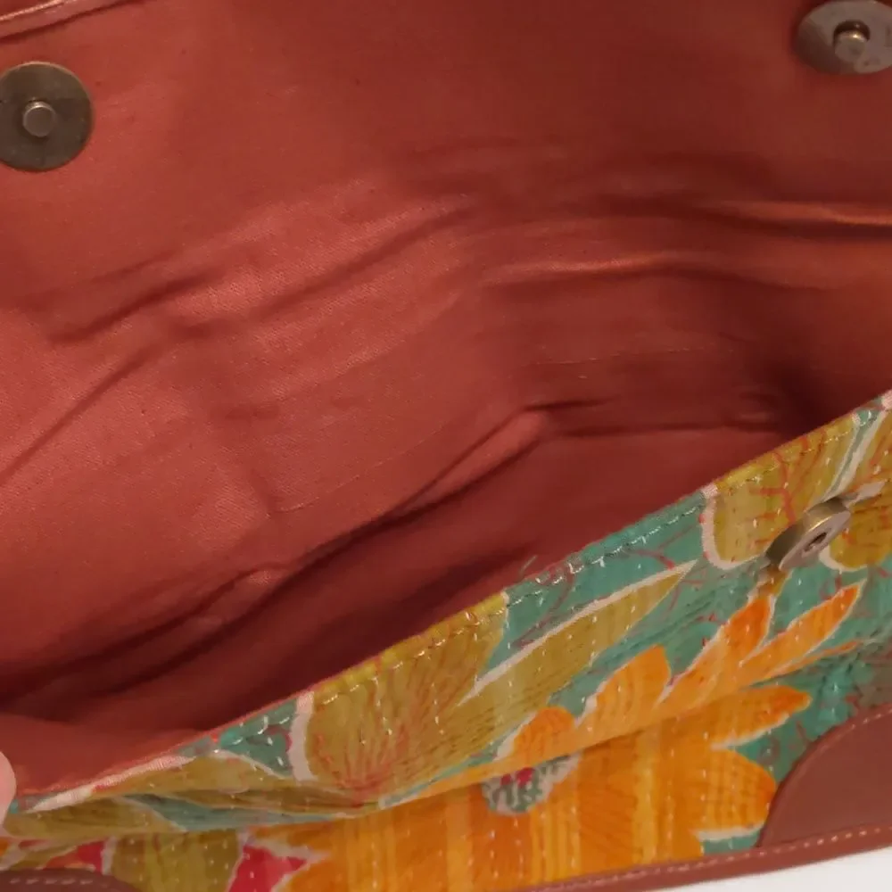 Kantha Envelope Bag Floral Quilted Clutch Magnetic Snaps Hand-stitched